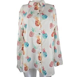 Chico's Button Up Roll Sleeves Up or Down White Pineapple Novelty Blouse 3 - L